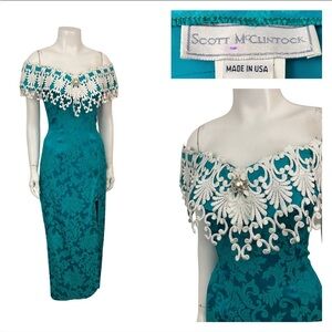 Vintage Scott McClintock Womens 4 TURQUOISE BLUE Cocktail dress Off Shoulder
